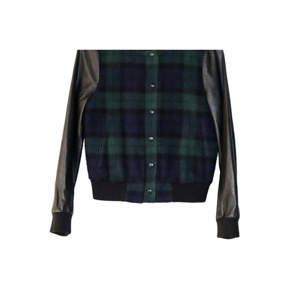 Joe's Jeans Women's Small Black Green Varsity Jacket Plaid Leather Moto Bomber - Picture 4 of 9